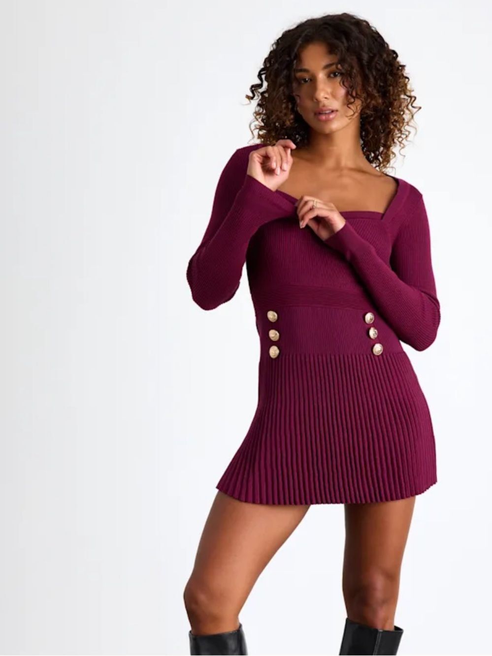 Lulu's Chicest Crush NWOT S Plum Ribbed Square-Neck Mini Sweater Cocktail Dress